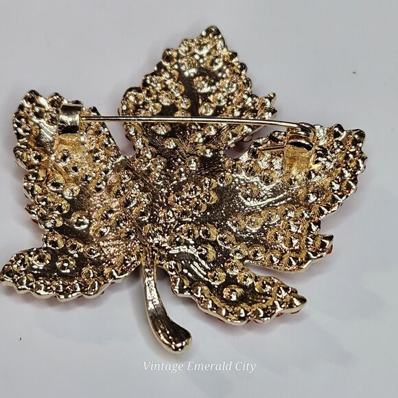 Maple Tree Leaf Brooch Orange Rhinestones Gold-Tone Autumn Pin Fall Warm Nature - Picture 9 of 12